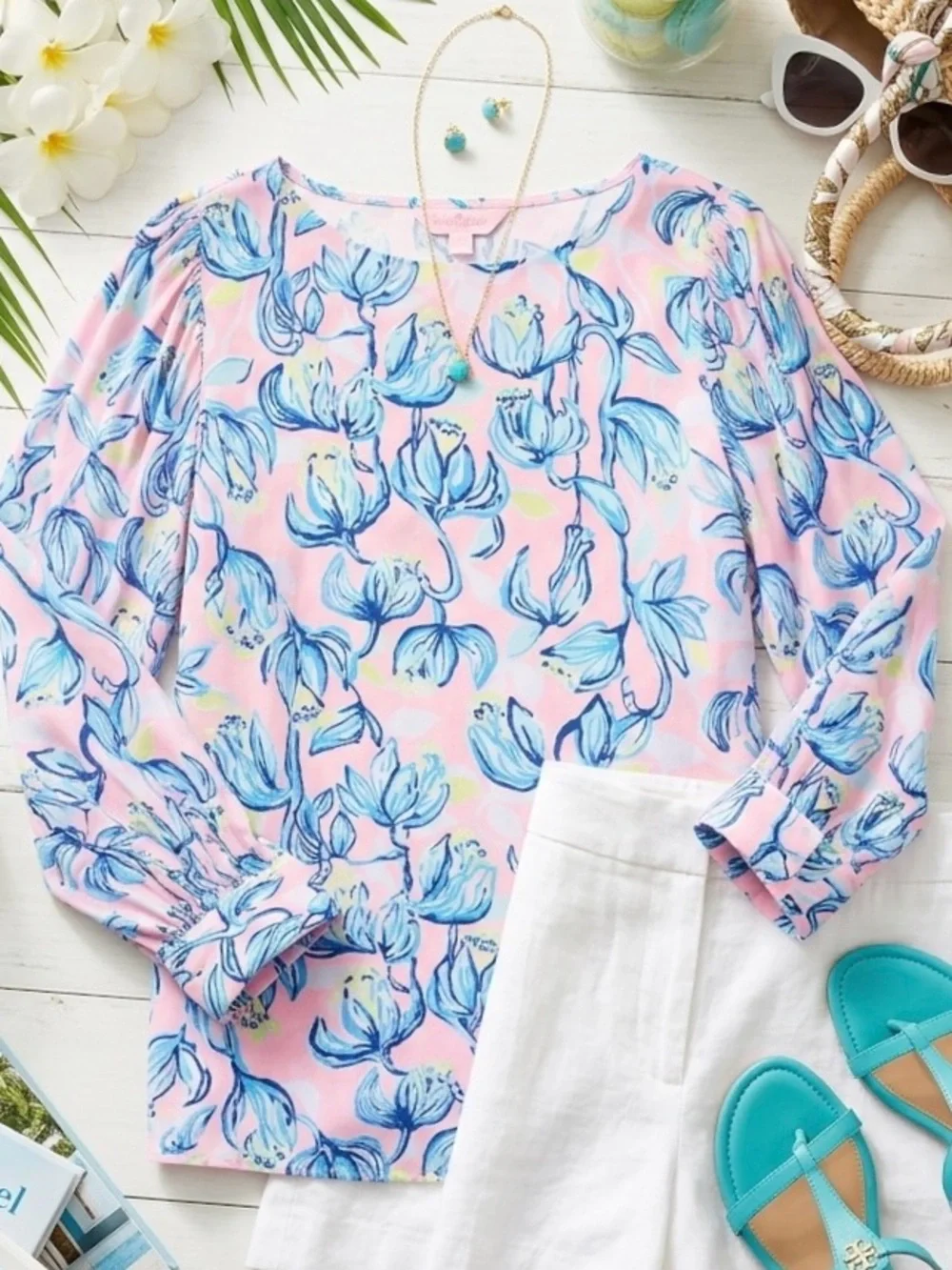 Lilly Pulitzer Pink, Blue & Yellow Abstract Floral Top Vacation Resort Coastal